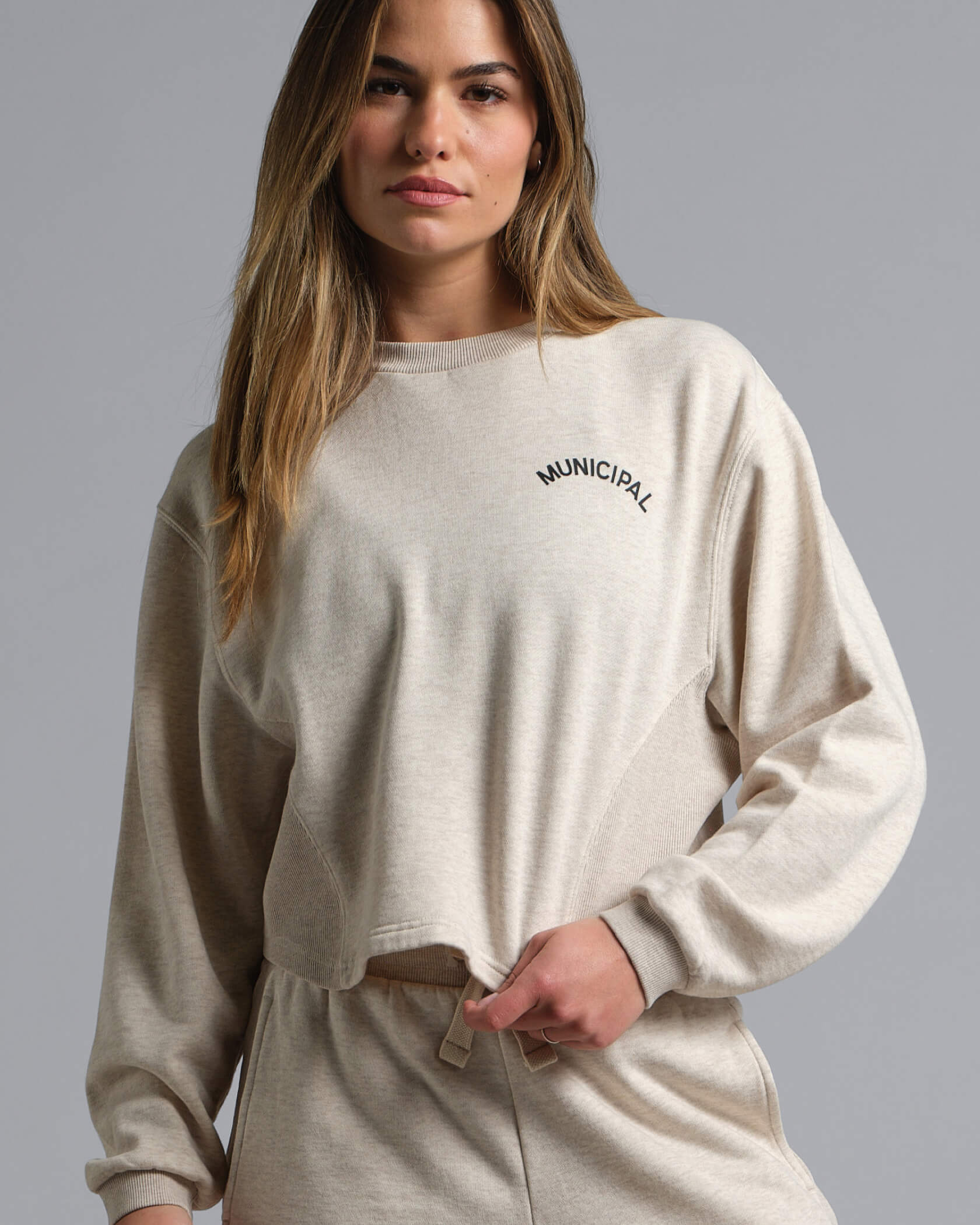 Women's Hang Back Fleece Crew |Stone| front